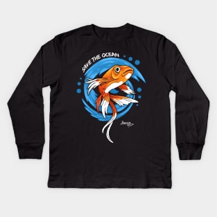 Save the Ocean Orange Fish with Blue Waves - Environment Kids Long Sleeve T-Shirt